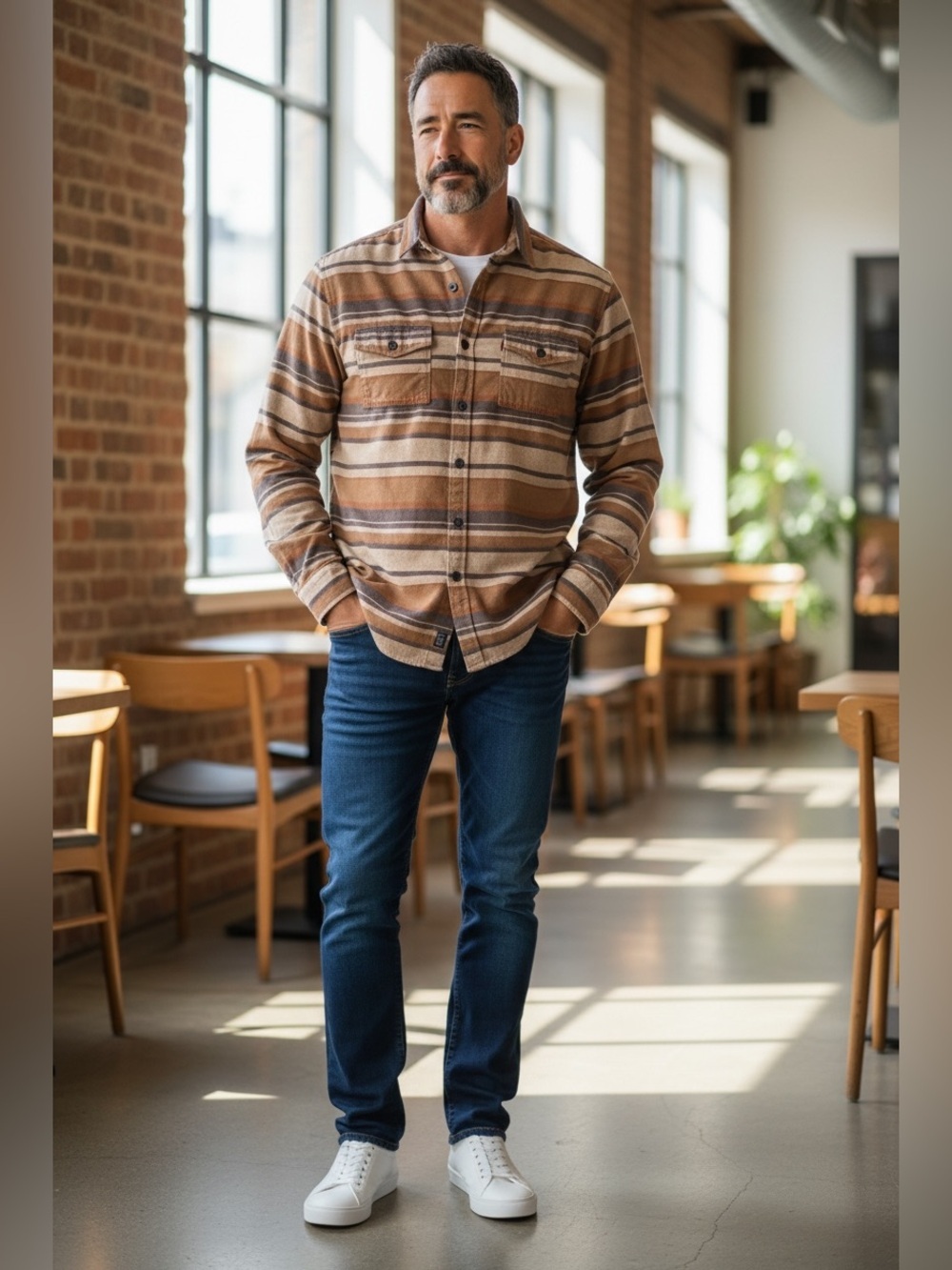 Urban Man long-sleeve flannel shirt-horizontal stripe pattern-Size Large